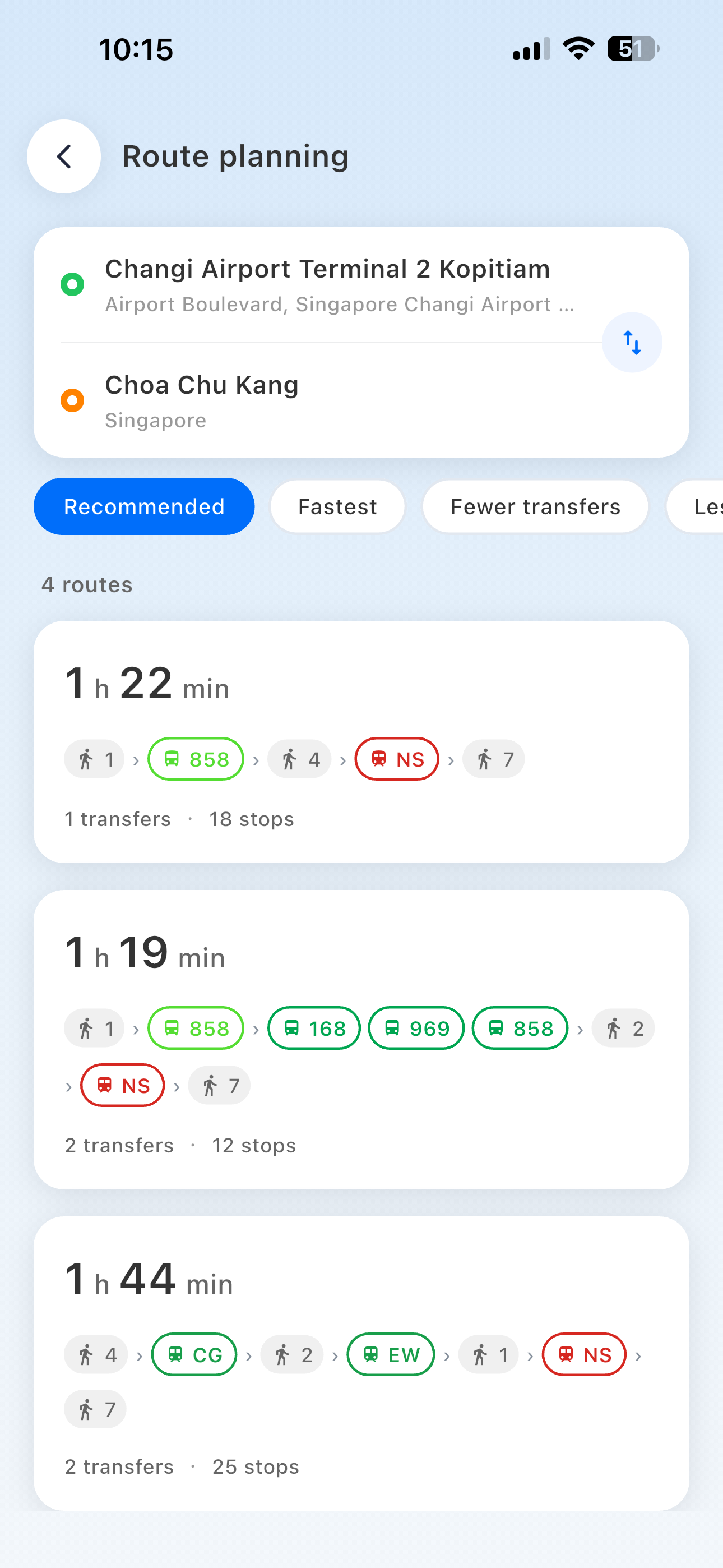 TransitNow route planning screen