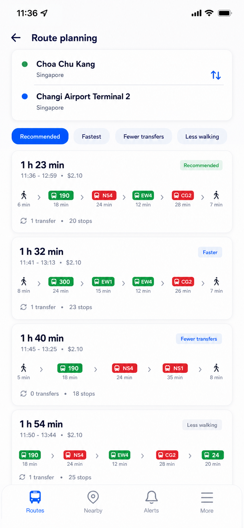 TransitNow route planning screen